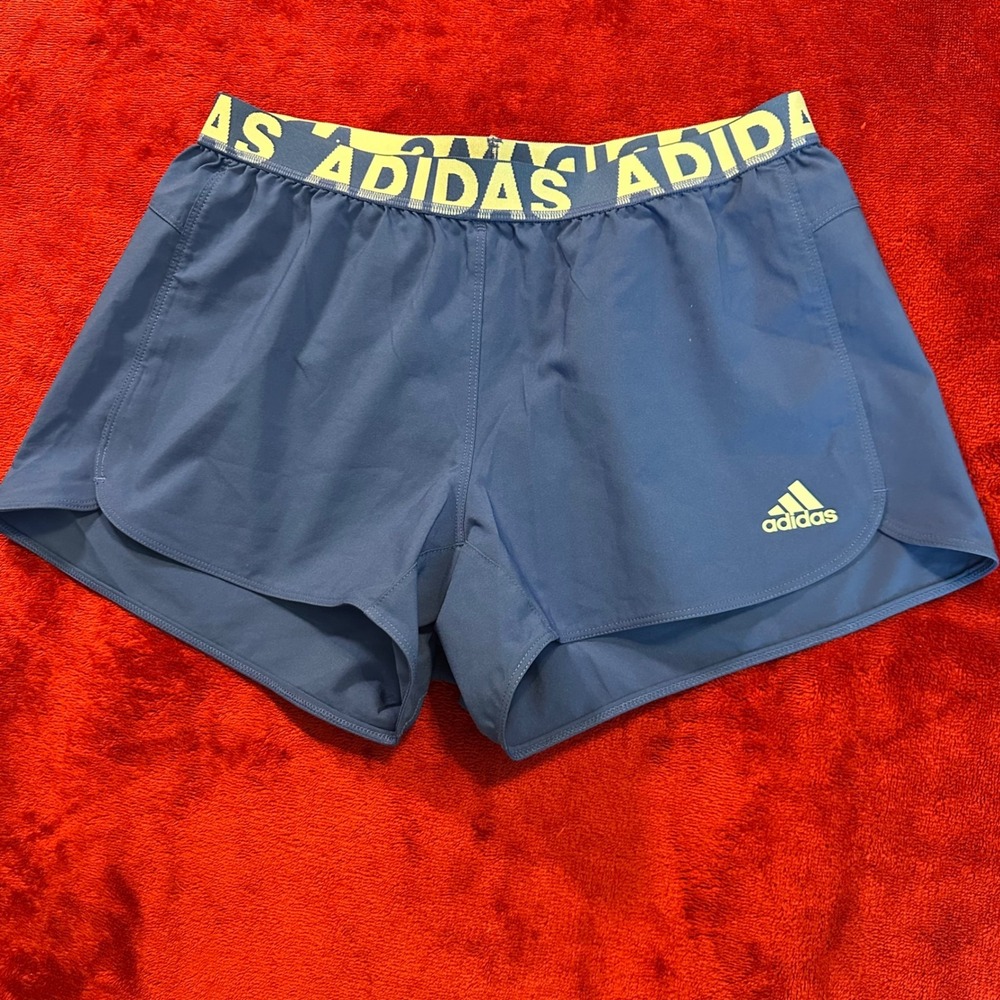 Adidas Aeroready Running Shorts Blue Neon Yellow Logo Athletic Gym Womens